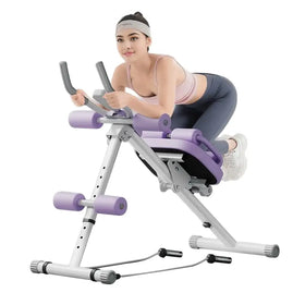 Purple and silver adjustable ab crunch machine with padded handles and seat.
