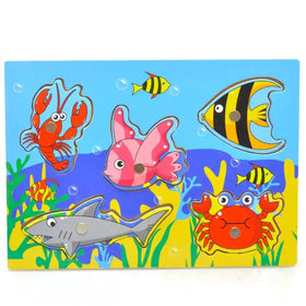 Colorful wooden underwater puzzle featuring cartoon sea creatures like a red lobster, pink fish, and striped sharks.