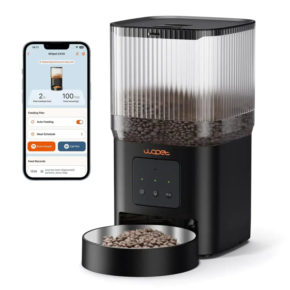 Black wopet ca10 smart pet feeder with a transparent, ribbed upper section filled with kibble and a sleek control panel below.