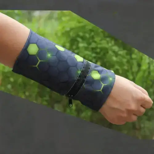 Dark blue hexagonal-patterned wristband with lime green glowing accents and a black zipper.