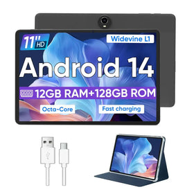 Black 11-inch hd android 14 tablet with 12gb ram and 128gb rom, featuring an octa-core processor and fast charging capability.