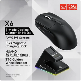 Black wireless gaming mouse with ergonomic design and rgb lighting on its charging dock