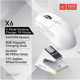 White wireless gaming mouse with a sleek ergonomic design and black scroll wheel, featuring rgb lighting on its magnetic charging dock.