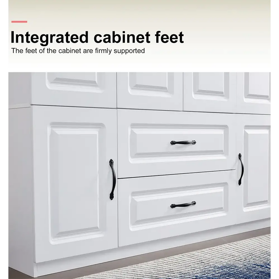 YG-15 74" H White Solid Wood Freestanding Wardrobe Closet for Clothes Storage. Bedroom Wardrobe Storage Cabinet featuring 2 Hanging Rod Shelves, 2 Drawers, and 5 Storage Compartments