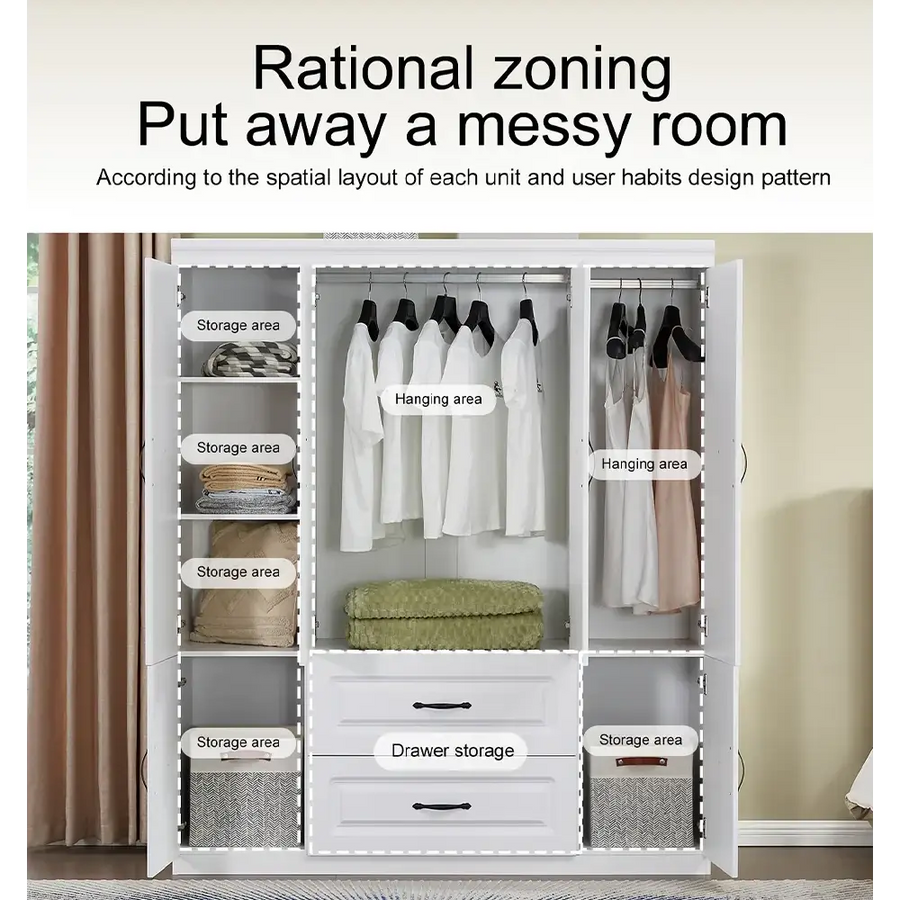 YG-15 74" H White Solid Wood Freestanding Wardrobe Closet for Clothes Storage. Bedroom Wardrobe Storage Cabinet featuring 2 Hanging Rod Shelves, 2 Drawers, and 5 Storage Compartments