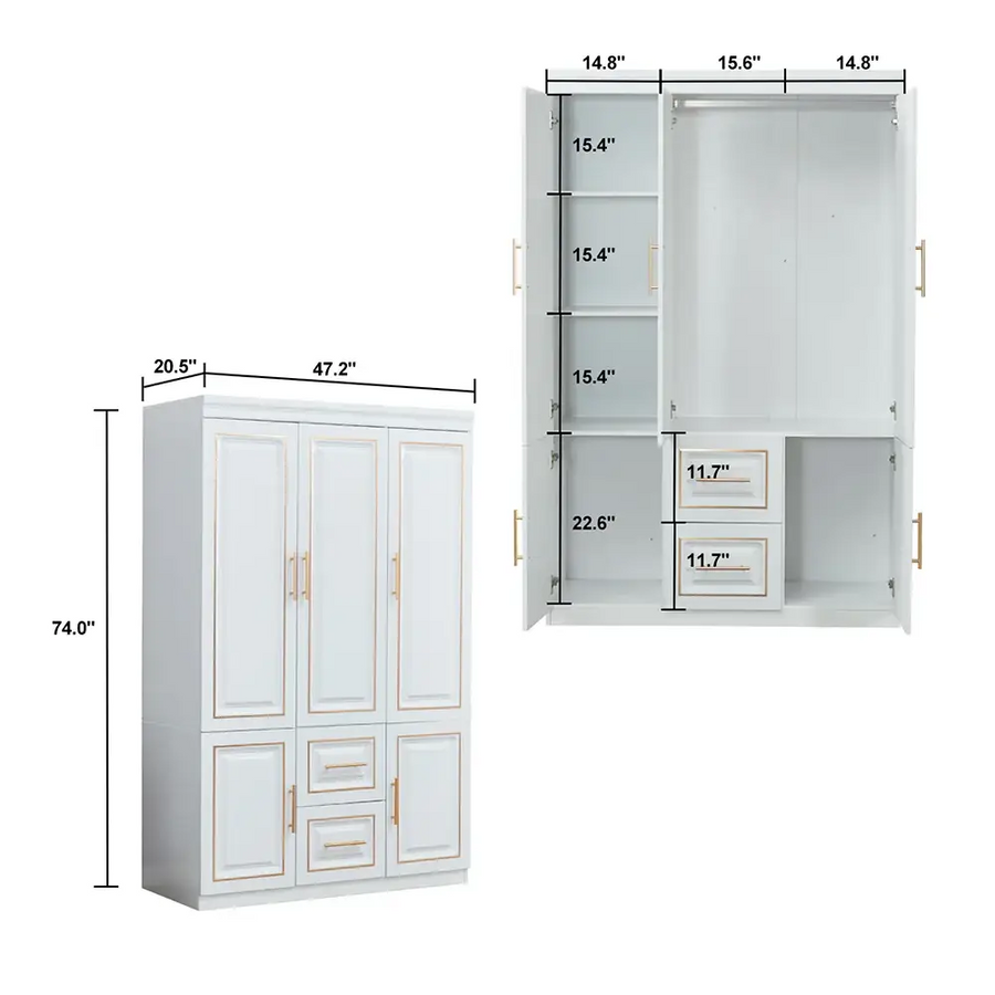 YG-5 Armoire Wardrobe 74" H 3 Doors 2 Drawers White Bedroom Wardrobe Armoire Closet Freestanding Clothes Storage Armoire Organizer with Hanging Rod Shelves Clothes Cabinet for Bathrooms Clothes Storage