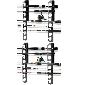 Black metal fishing rod rack holding multiple rods with reels.