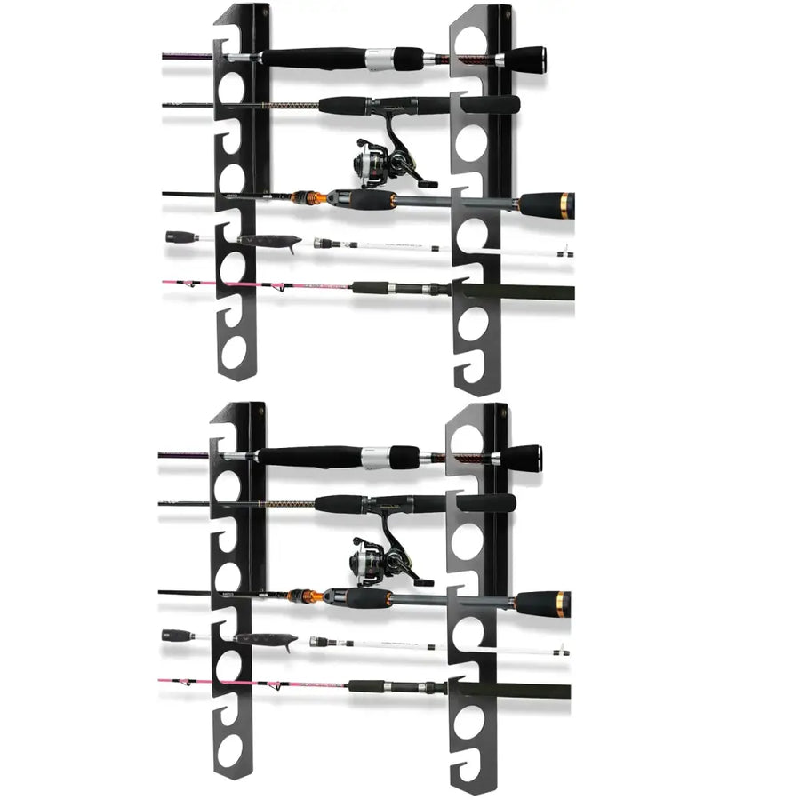 Black metal fishing rod rack holding multiple rods with reels.