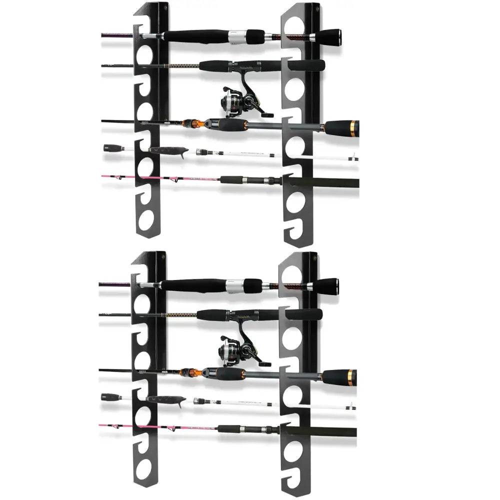 Black metal fishing rod rack holding multiple rods with reels.
