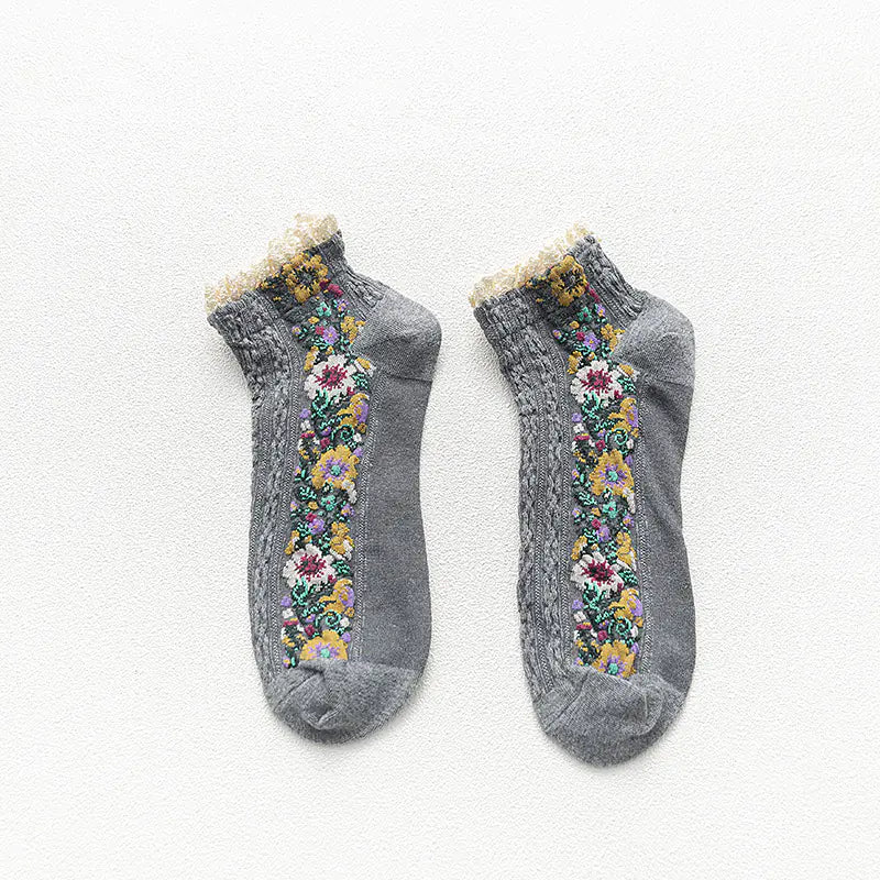 Women's Retro Floral Lace Cotton Boat Socks - Joomcy