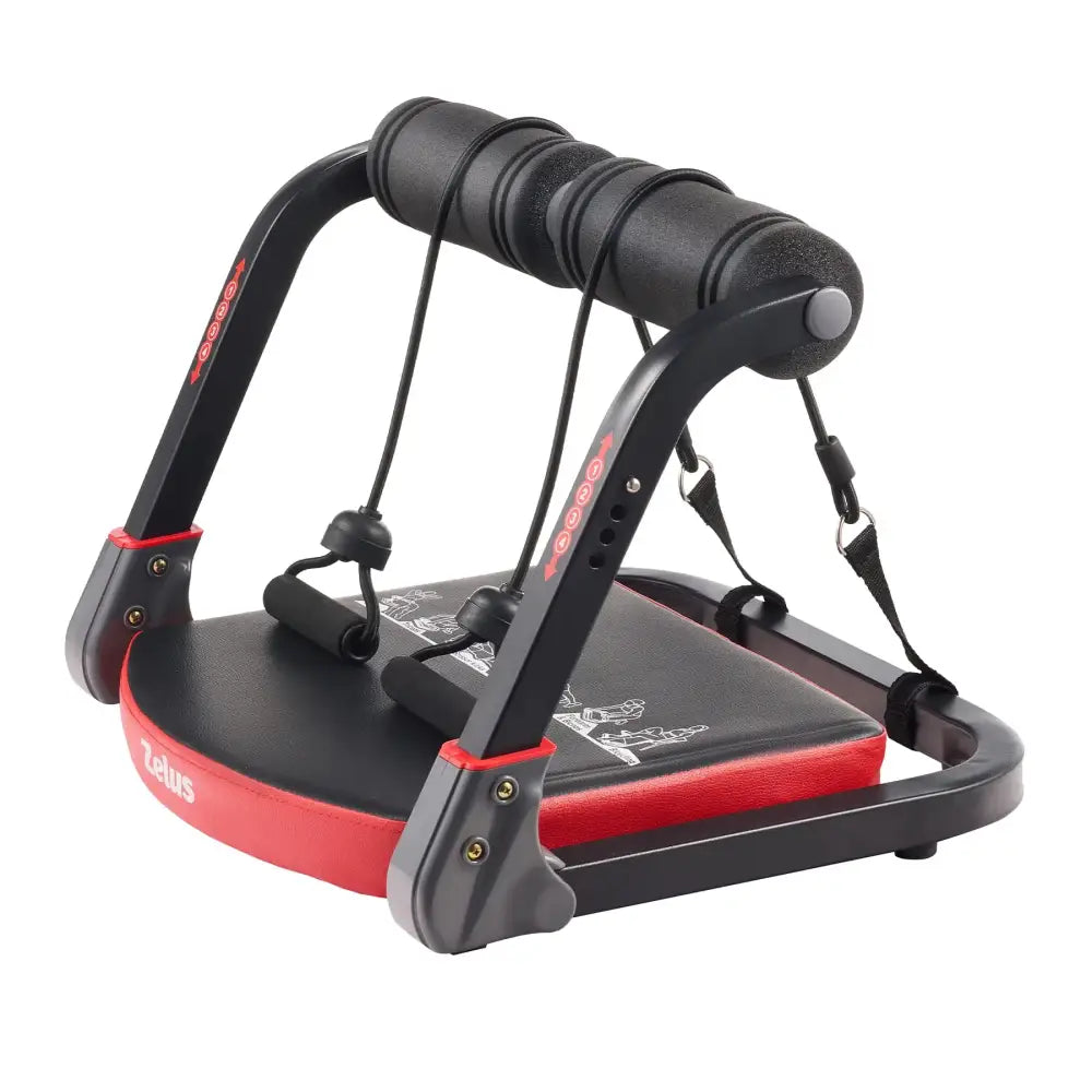 Black and red telus brand portable ab workout machine with padded seat, adjustable resistance bands, and ergonomic handlebars.