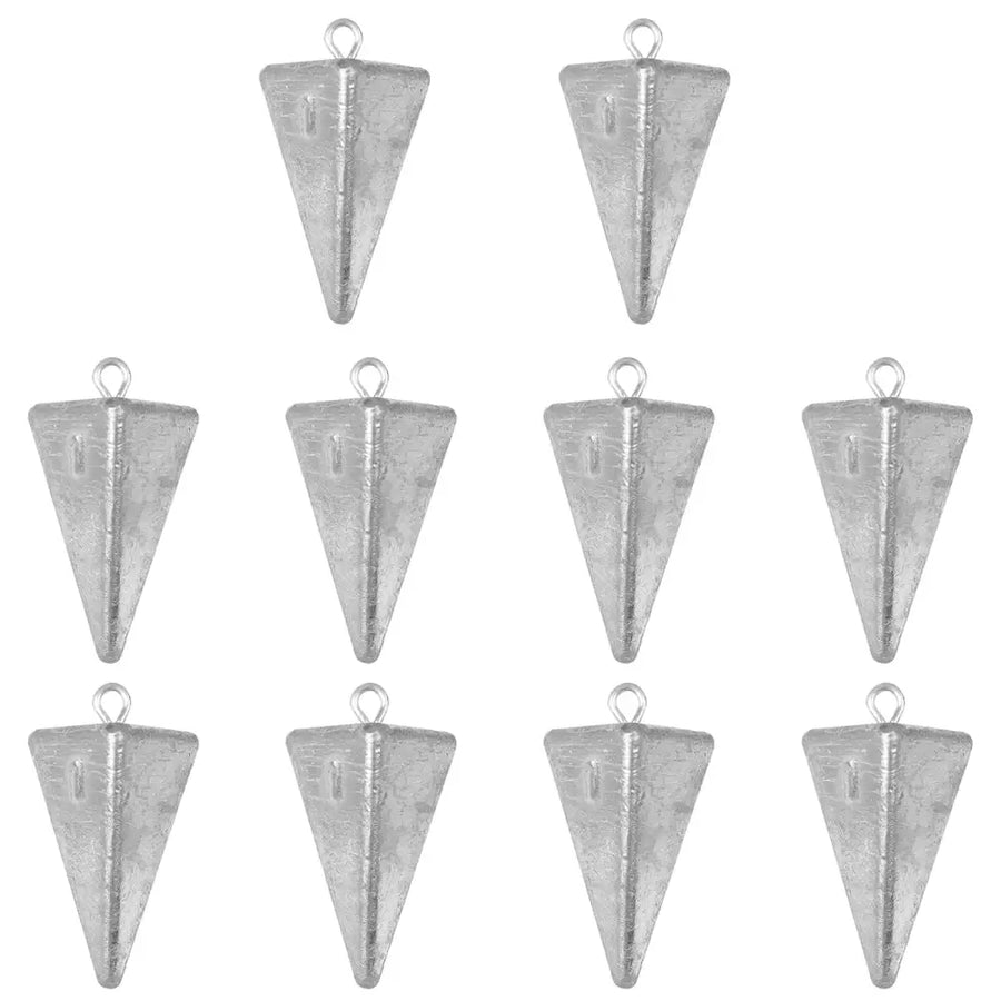 Silver triangular lead fishing weights with a small loop at the top.