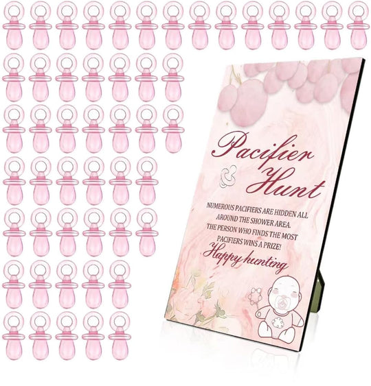 Baby Shower Games Baby Shower Decorations 1 Baby Pacifier Hunt Sign and 50 Acrylic Pacifiers for Gender Reveal Games (Pink)