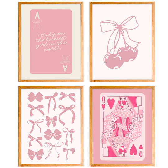 BearCake Pink Coquette Wall Decor Preppy Pink Coquette Bow Poker Posters Wall Art Prints for Girls Bedroom Dorm Decor Coquette Room Decor Preppy Room Decor Aesthetic 8x10 Inches Set of 4 Unframed