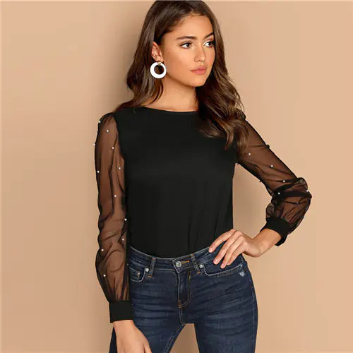 Long Sleeve Blouse with Beaded Mesh Panels - Joomcy
