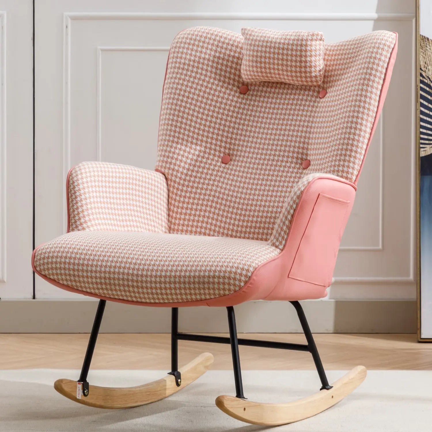 35.5 Inch Rocking Chair Soft Houndstooth Fabric Leather Fabric Rocking Chair For Nursery Comfy Wingback Glider Rocker