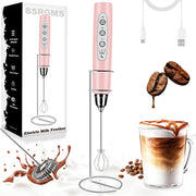 BSRGMS Milk Frother Handheld with Stand Electric Whisk 3 Speed Adjustable Drink Mixer with Stainless 3 Whisks Rechargeable Hand Frother Wand Foam Maker for Latte Cappuccino Hot Chocolate Egg Pink