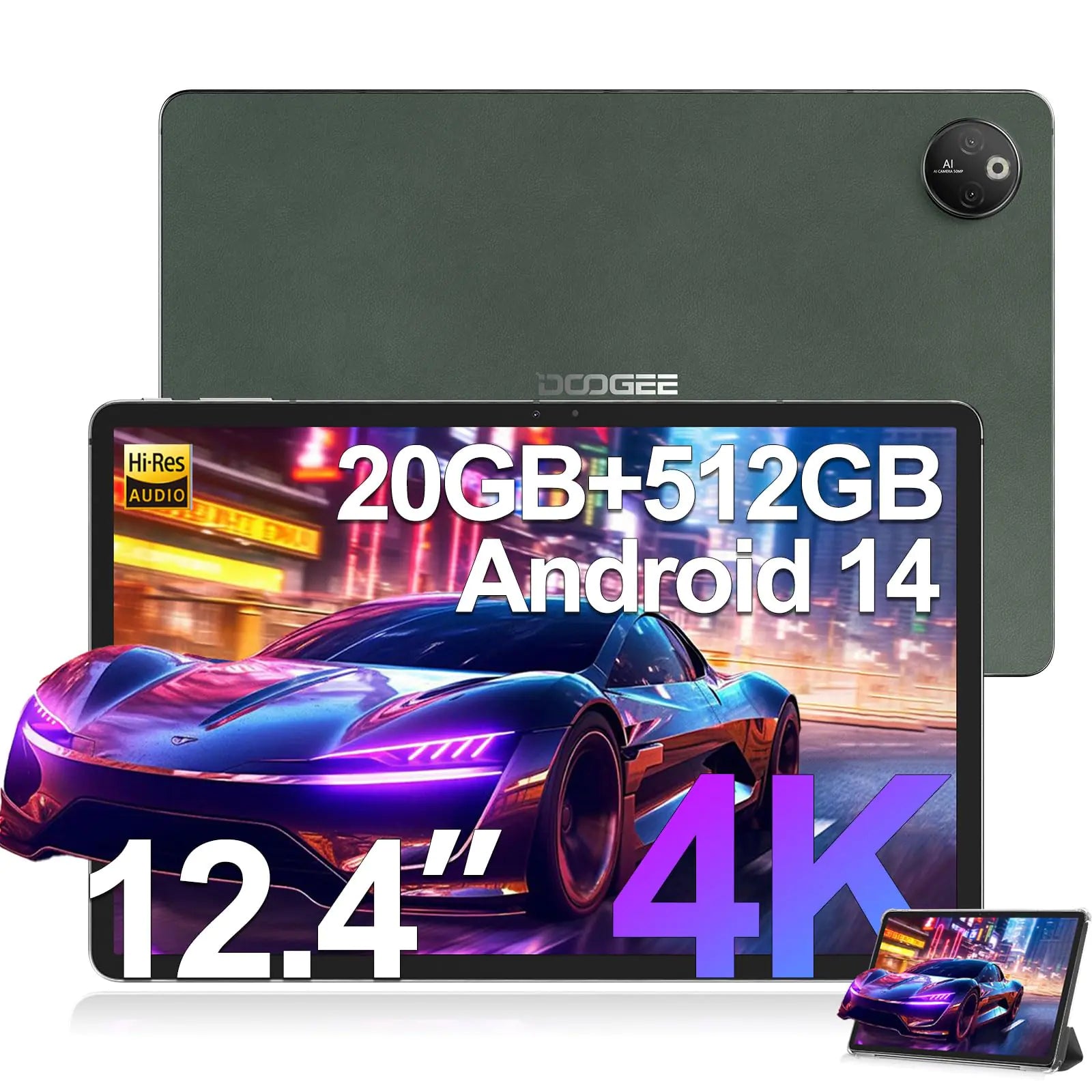 DOOGEE T30 Max Tablet 12.4 Inch 4K Android 14 Tablet 20GB RAM + 512GB ROM (2TB TF) Helio G99 Tablets with 10800mAh Battery and 33W Fast Charging 50MP+20MP TUV Certified Side Fingerprint Green
