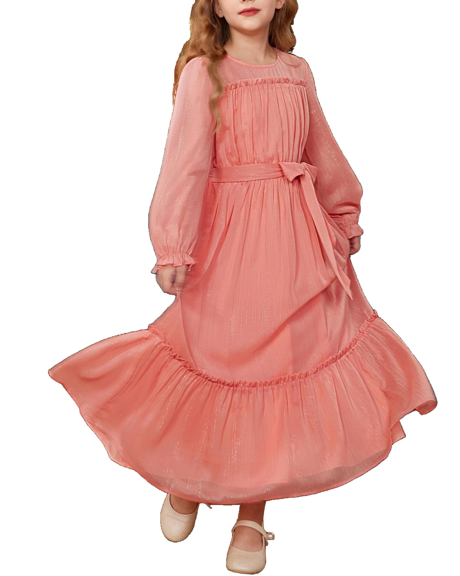 GRACE KARIN Girls Fall Dress Pink Long Sleeve Tween Girls Party Formal Cute Dresses Size 10-12