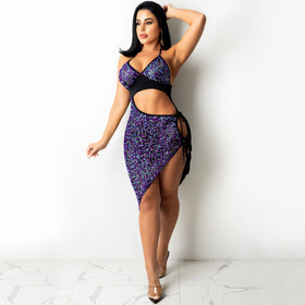 HTH Sequin Halter Lace-up Dress with Cut-out Slit
