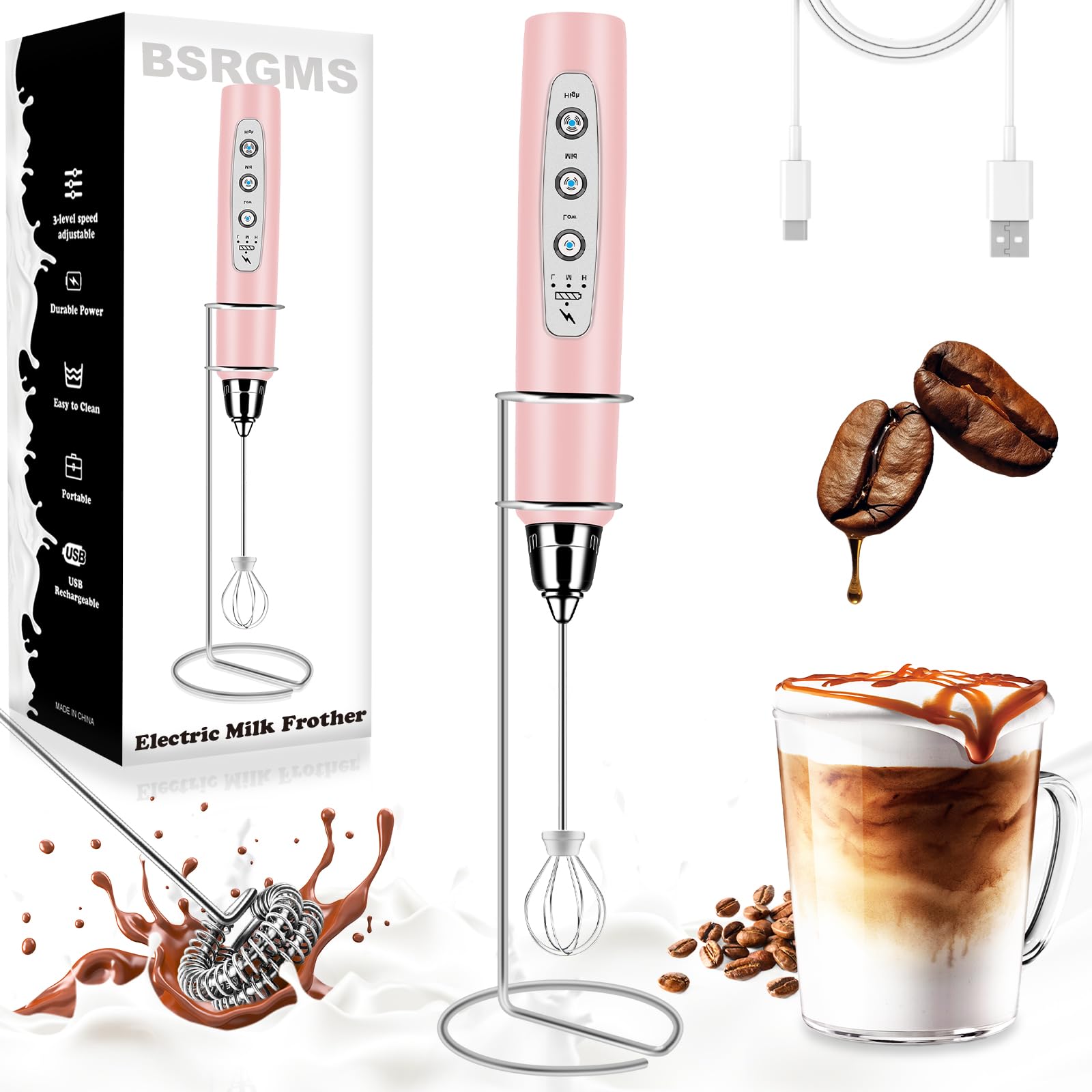 BSRGMS Milk Frother Handheld with Stand Electric Whisk 3 Speed Adjustable Drink Mixer with Stainless 3 Whisks Rechargeable Hand Frother Wand Foam Maker for Latte Cappuccino Hot Chocolate Egg Pink