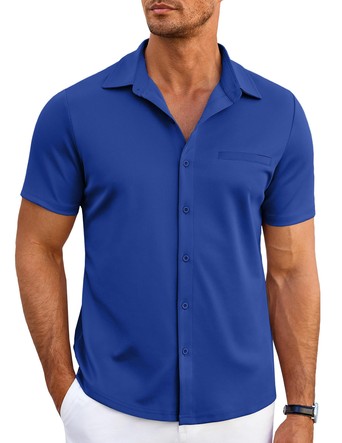COOFANDY Mens Short Sleeve Untucked Dress Shirt Casual Button Down 4 Way Stretch Novelty Trendy Neutral Shirts Blue