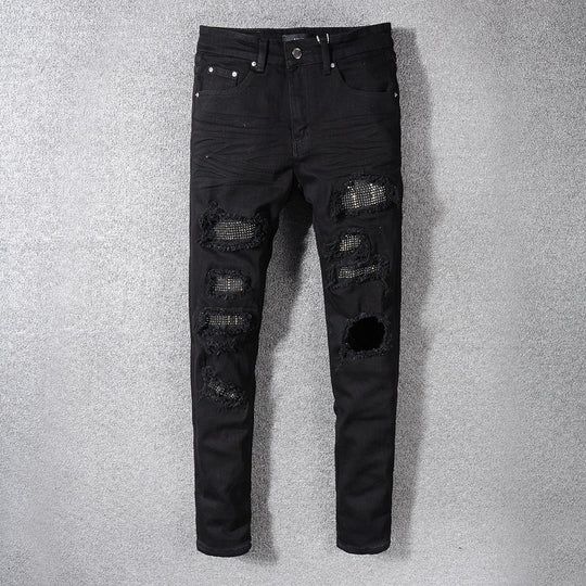 AMIRI Men's Black Slim Fit Distressed Jeans with Patches
