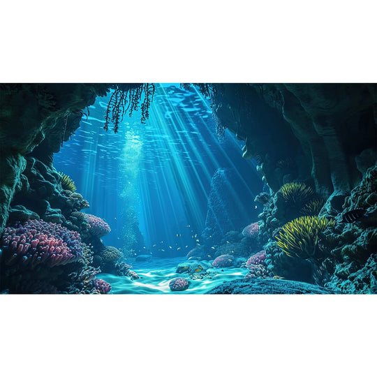 Riivvdise Aquarium Background Underwater Grotto with Carals and Soft Corals Terrarium Backdrop Sunlight Rays Deep Sea Fish Tank Background Aquarium Wallpaper Poster Decor Vinyl 36x20in