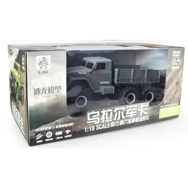 Gray 1:10 scale remote-controlled six-wheel drive military truck model in a box.