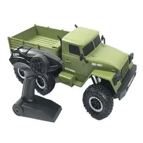 Olive green remote-controlled military truck with black controller and rugged tires.