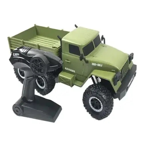 Olive green remote-controlled military truck with black controller and rugged tires.