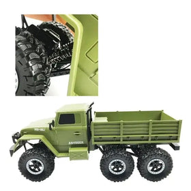 Olive green remote-controlled six-wheel-drive military truck with rugged black tires and detailed chassis.