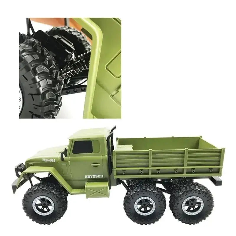 Olive green remote-controlled six-wheel-drive military truck with rugged black tires and detailed chassis.