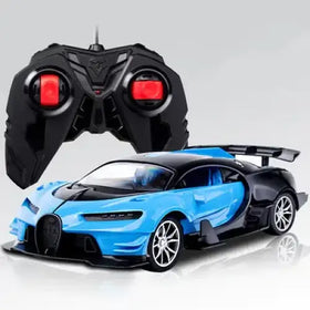 Blue and black remote-controlled bugatti chiron toy car with a sleek, aerodynamic design.
