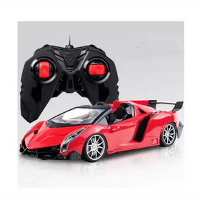Red remote-controlled sports car with black accents and silver rims.