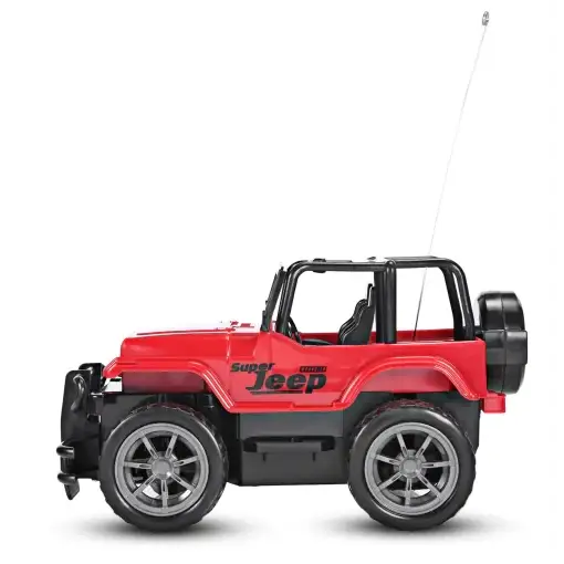 Red and black remote-controlled jeep toy with silver rims.