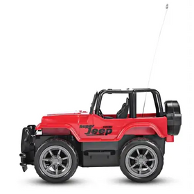 Red and black remote-controlled jeep toy with silver rims.