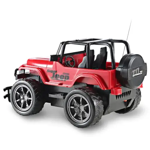 Red and black remote-controlled super jeep toy with rugged off-road design, featuring detailed wheels and a spare tire mounted on the rear.