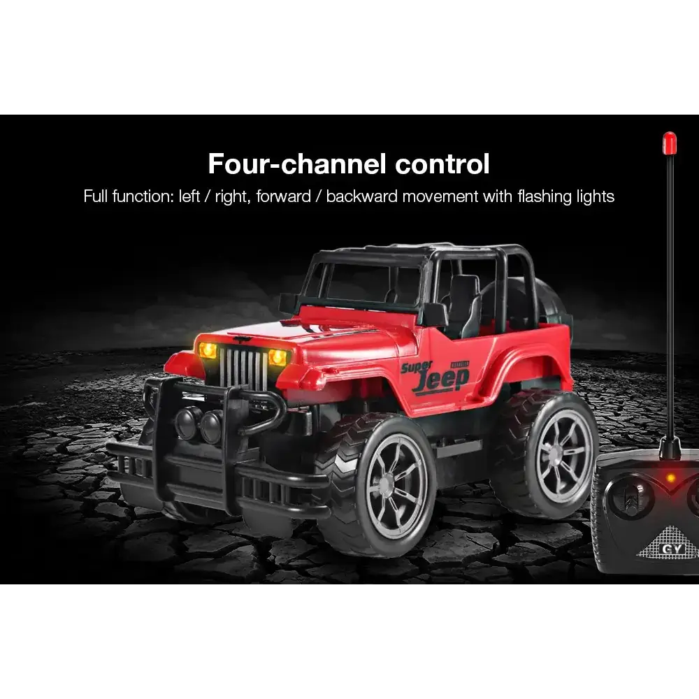 Red and black remote-controlled jeep with chrome wheels and flashing headlights.