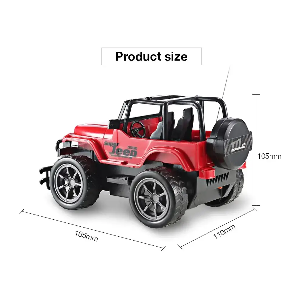 Red and black remote-controlled jeep toy with ’super jeep’ branding on the side.