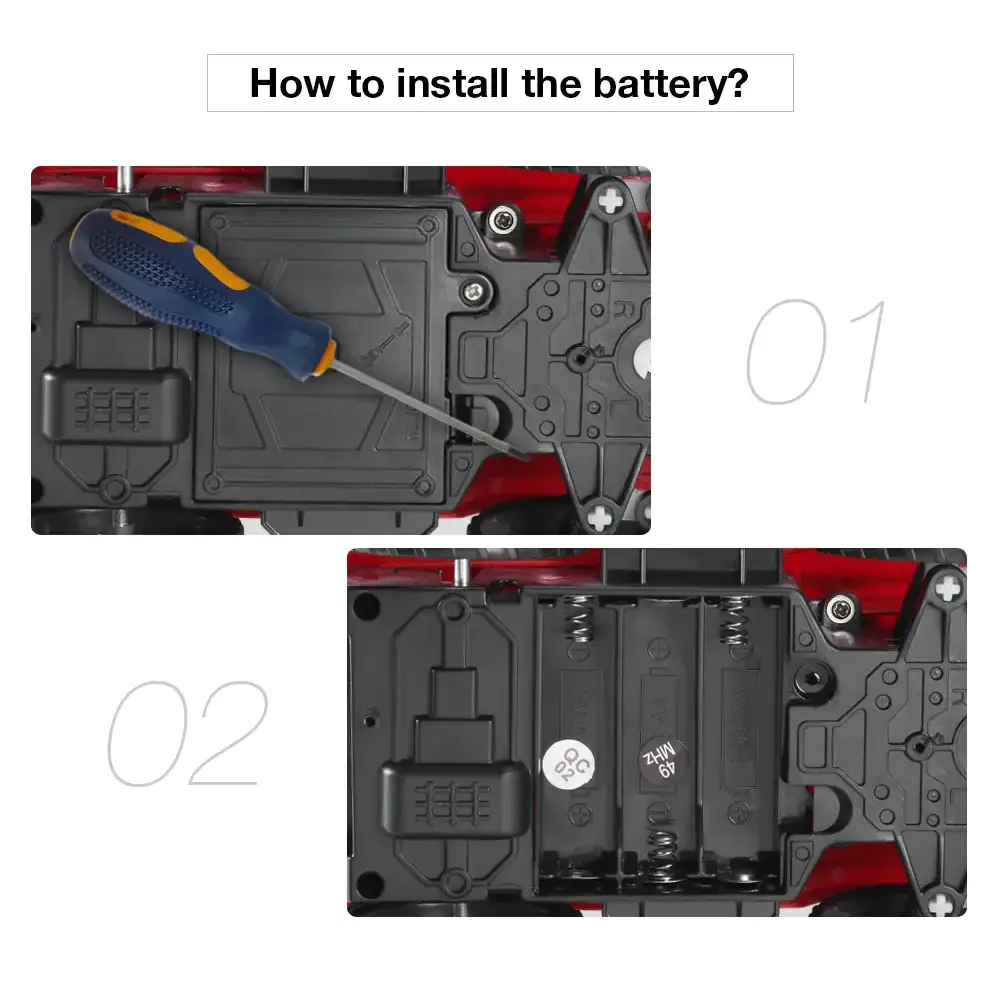 Red and black plastic toy truck battery compartment with a blue and yellow screwdriver resting on the top panel.