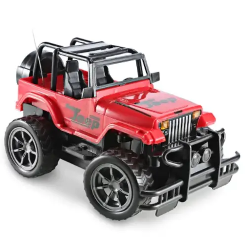 Red and black toy jeep with rugged off-road design, featuring detailed chrome accents and realistic tires.