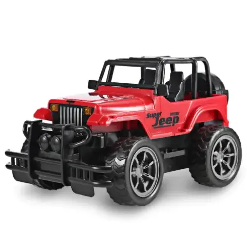 Red plastic super jeep toy vehicle with black accents and chrome wheels.