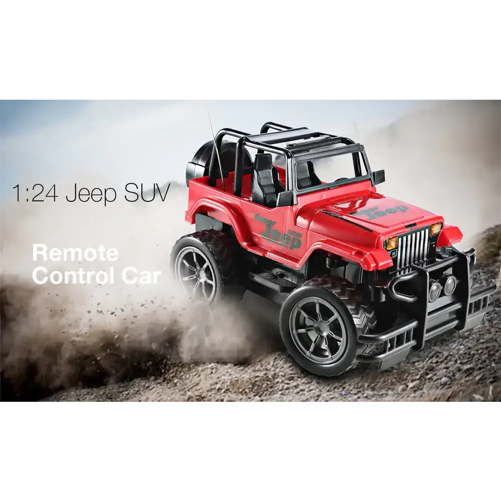 Red 1:24 scale remote control jeep suv with black accents and rugged off-road tires.