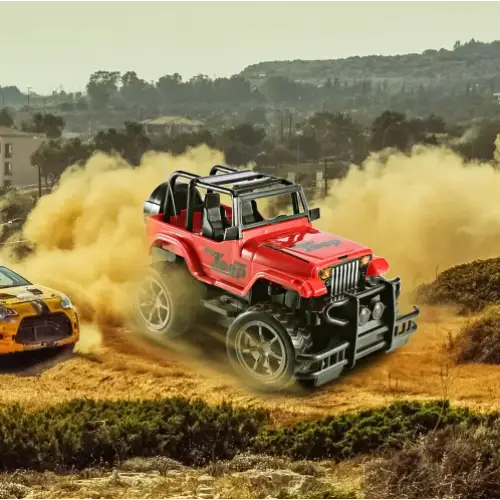 Red toy jeep with black roof rack and rugged off-road tires.
