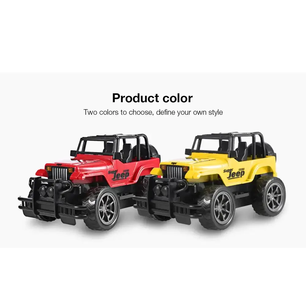 Red and yellow super jeep toy trucks with black chassis, wheels, and detailing.