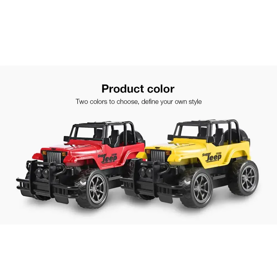 Red and yellow super jeep toy trucks with black chassis, wheels, and detailing.