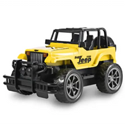 Yellow super jeep toy vehicle with black accents and rugged tires.