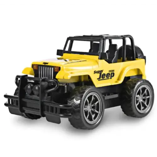 Yellow super jeep toy vehicle with black accents and rugged tires.