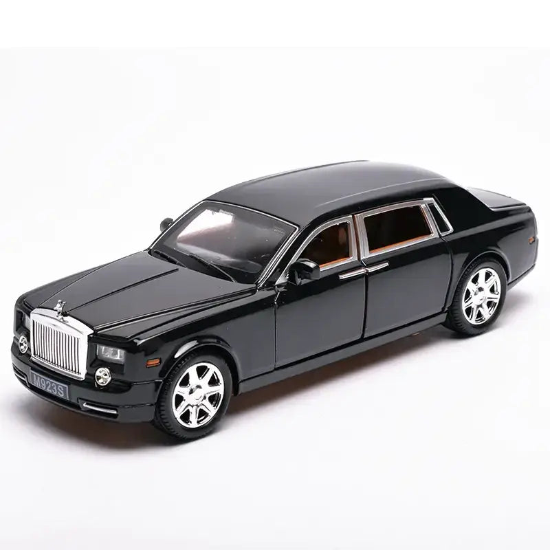 Black die-cast model of a rolls-royce phantom with chrome detailing and silver wheels.